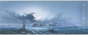 Crowded small craft running out of Grand Harbour, Valetta, by moonlight 3 by Luigi Maria Galea