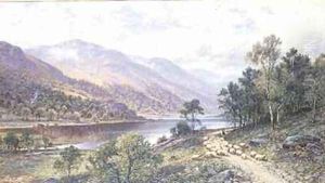 Thirlmere Shepherd with Sheep by a Lake by Alfred Glendening