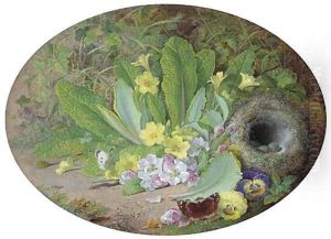 Primulas, pansies, apple blossom, butterflies and a bird's nest with eggs, on a mossy bank Primulas, pansies, apple blossom, butterflies and a bird's nest with eggs, on a mossy bank