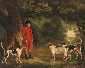 Portrait of Thomas Sebright with Hounds of the New Forest Hunt, in a wooded landscape by Thomas Gooch