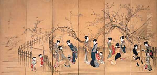 Beauties at a teahouse under a flowering plum - view 1