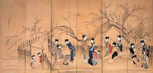 Beauties at a teahouse under a flowering plum by Hotei Gosei