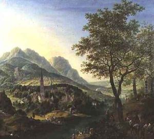 Travellers on a Path before a View on the Rhine