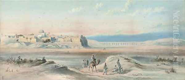 Arab travellers at sunset, a town beyond - view 1