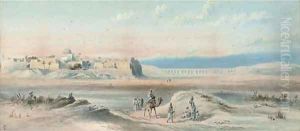 Arab travellers at sunset, a town beyond