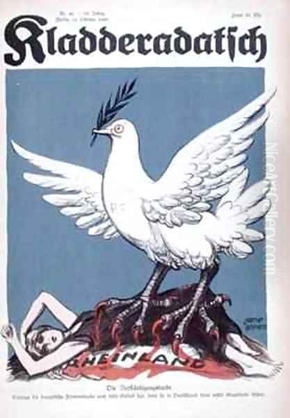 France as the dove of peace with eagles claws trapping a caricature of the Rhine - view 1