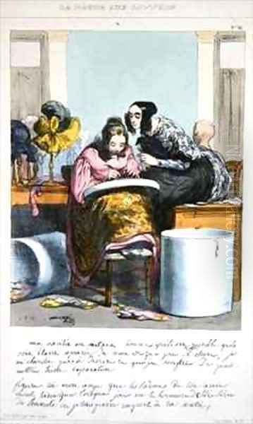 Worker in a hatmaking business writing a letter - view 1