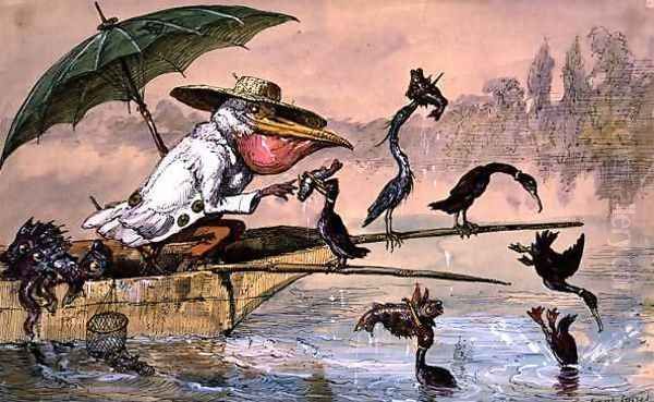 Cormorants presenting fish to a pelican in a punt under an umbrella from The Dream of the Fisherman - view 1