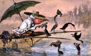 Cormorants presenting fish to a pelican in a punt under an umbrella from The Dream of the Fisherman