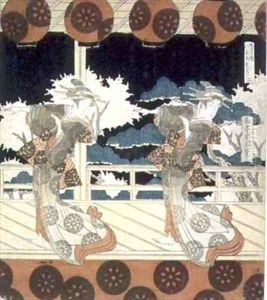 Two Dancers Perform on Stage from The Dance at Furuichi for the Hisakataya Group series by Yashima Gakutei