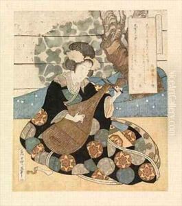 Lady playing an instrument by Yashima Gakutei