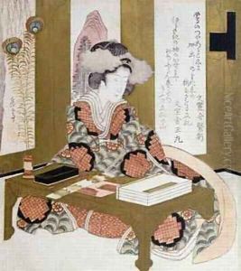 The Poetess Bijin at her Calligraphy Table by Yashima Gakutei