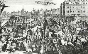 The Congestion in Paris Pont Neuf from the Rue Dauphine by Nicolas Guerard
