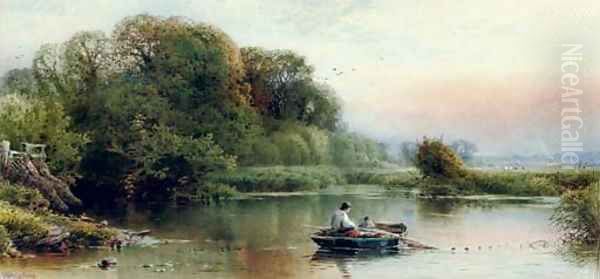 A river landscape at dusk with young anglers dragging in their nets - view 1