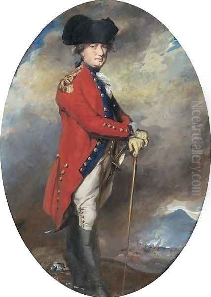 Portrait of Charles, 1st Marquis Cornwallis (1738-1805), small full-length, in uniform, leaning on a cane, in a landscape with a battle beyond - view 1