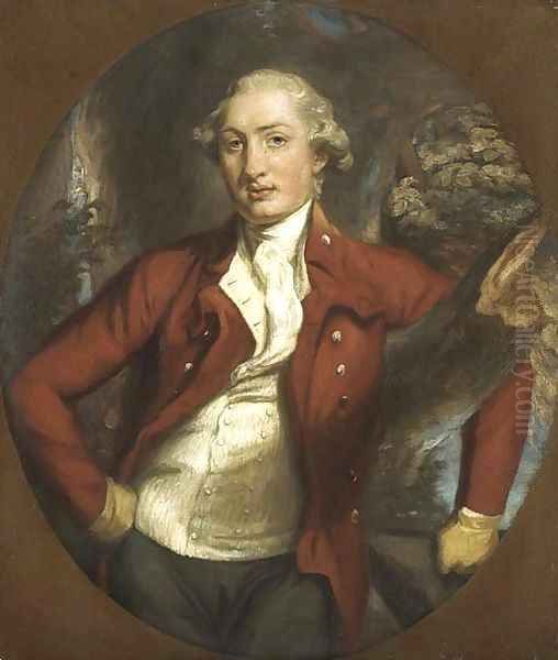 Portrait of a gentleman, half-length, in a brown coat, holding a hat, in a wooded landscape, feigned oval - view 1