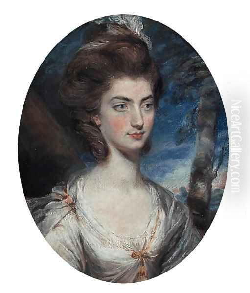 Portrait of Lady Charlotte Hill, Countess Talbot, bust-length, in a white dress with gold trim, in a landscape - view 1