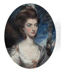 Portrait of Lady Charlotte Hill, Countess Talbot, bust-length, in a white dress with gold trim, in a landscape