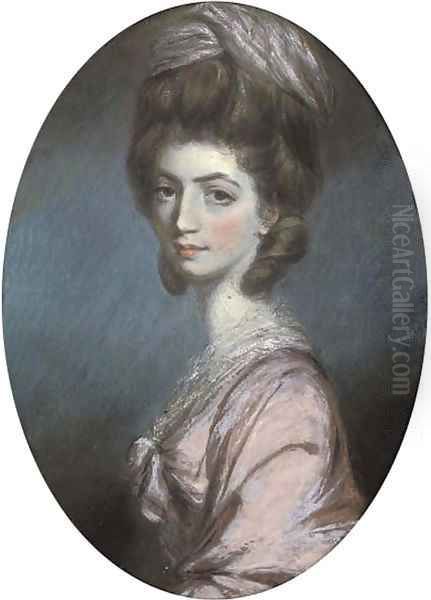 Portrait of a lady, bust-length, in a pink dress and headdress - view 1