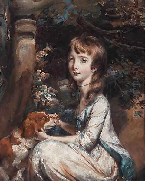 Portrait of a young girl, seated beneath a tree, in a white dress with blue trim, a red and white setter beside her - view 1