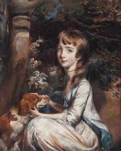 Portrait of a young girl, seated beneath a tree, in a white dress with blue trim, a red and white setter beside her