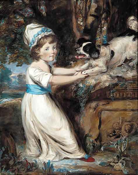 Portrait of Miss Hall, full-length in a white dress with blue trim, playing with a black and white spaniel - view 1
