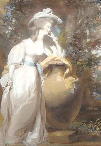 Portrait of Philadelphia de Lancy, in a white dress and sash, leaning on an urn, in a wooded landscape - view 1