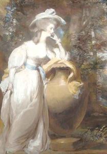 Portrait of Philadelphia de Lancy, in a white dress and sash, leaning on an urn, in a wooded landscape by Daniel Gardner
