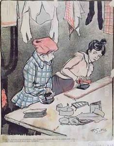 Caricature depicting two washerwomen gossiping by Fernand Louis Gottlob