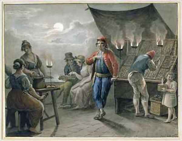 Figures by a Stall at Night - view 1