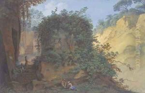An overgrown tomb in a rocky landscape, with figures by Saviero Xavier della Gatta