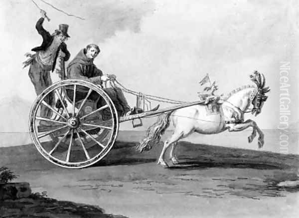 A monk being driven in a pony trap - view 1