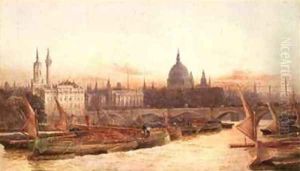 Barges Below London Bridge by Frederick E.J. Goff