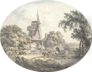 A windmill with horses and a cart by a pond, in the foreground by Samuel Hieronymous Grimm