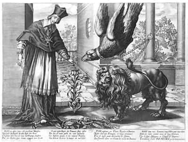 Allegory in praise of Cardinal Richelieu 1585-1642 fighting against Austria the eagle Spain the lion and the enemies within France the caterpillars - view 1