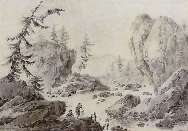 Landscape with two figures washing laundry by a river - view 1