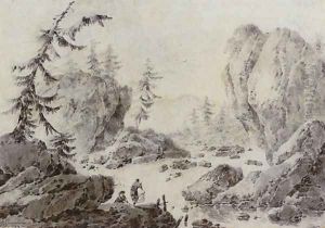 Landscape with two figures washing laundry by a river by Jacques Gamelin