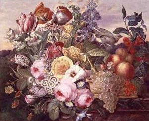 Still life with flowers and grapes