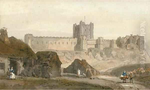 Travellers before Bamburgh Castle - view 1