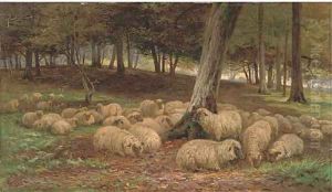 A flock of sheep in a woodland by Henry Garland