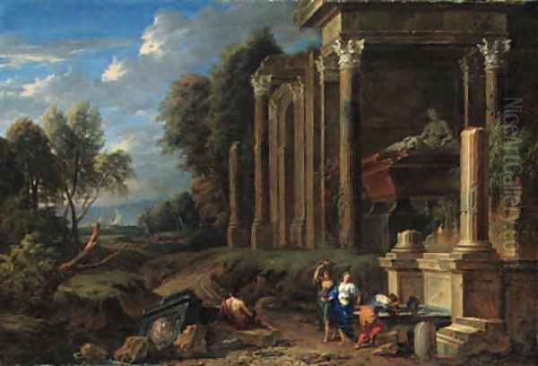 A capriccio of classical ruins in a wooded landscape, with women by a fountain by a tomb and a shepherd resting on a plinth, the sea beyond - view 1