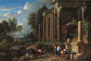 A capriccio of classical ruins in a wooded landscape, with women by a fountain by a tomb and a shepherd resting on a plinth, the sea beyond by Johannes (Polidoro) Glauber