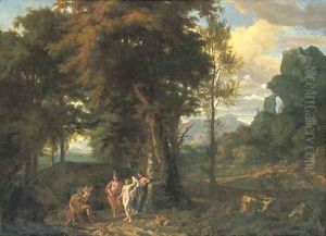A Classical wooded landscape with the Judgement of Paris by Johannes (Polidoro) Glauber