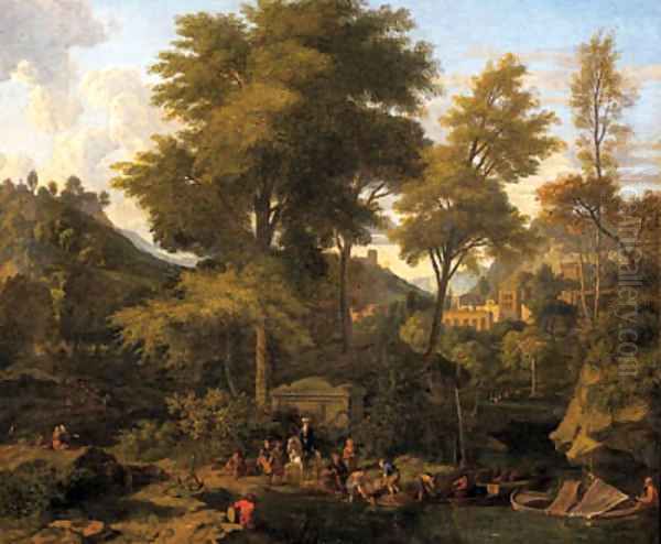 A classical river landscape with figures unloading a boat, a town beyond - view 1