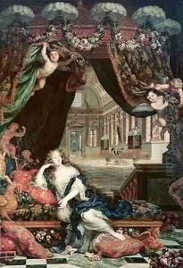 Portrait of Madame de Montespan 1640-1707 reclining in front of gallery of the Chateau de Clagny by Henri Gascard