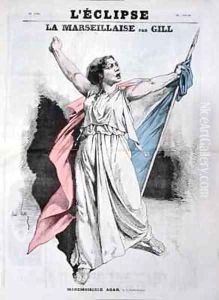 Mlle Agar singing the Marseillaise from the front cover of LEclipse by Andre Gill