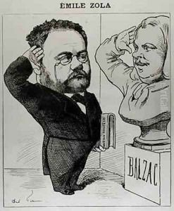 Caricature of Emile Zola 1840-1902 Saluting a Bust of Honore de Balzac 1799-1850 by Andre Gill