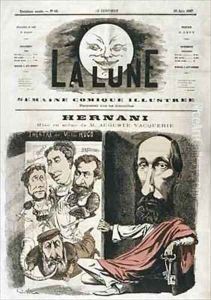 Caricature of Hernani written by Victor Hugo and directed by Auguste Vacquerie by Andre Gill