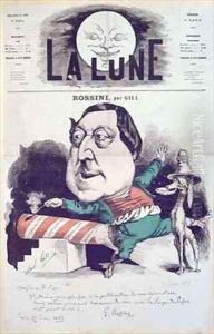 Front cover of La Lune magazine featuring a caricature of Rossini with a message and autograph of the composer by Andre Gill