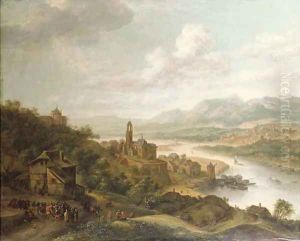 A Rhenish river landscape, with peasants dancing before an inn, a village with a church and shipping beyond by Robert Griffier